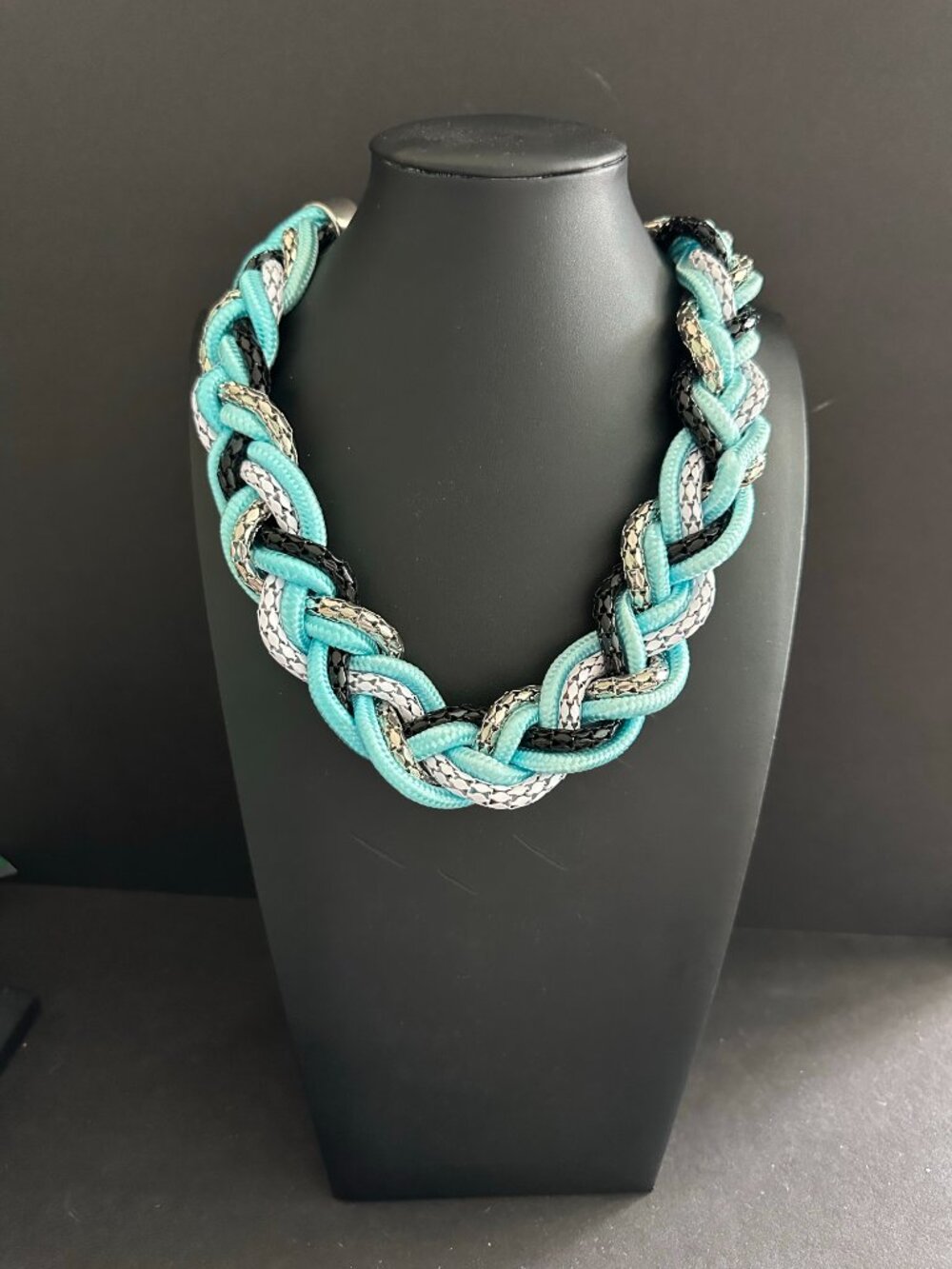 Summery Braided Cord Necklace Turquoise Black Silver Tone